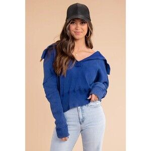 New Free People We The Free Not So Ordinary Pullover Polo Sweater Blue Sz XS